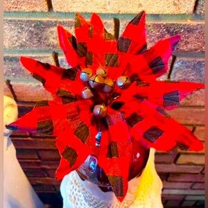 *Red & Black Buffalo Check Poinsettia Stem With Jingle Bells Bundle of 5
